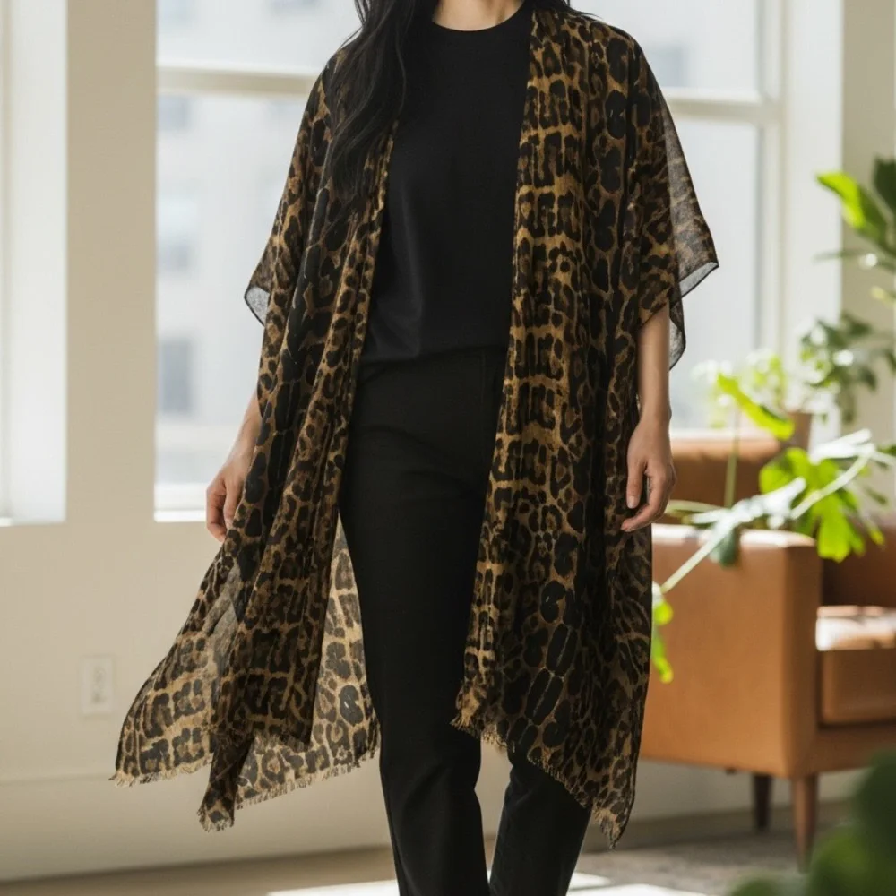 L.I.B New York Leopard Kimono Cover Up Light Weight New Brown - Picture 3 of 4